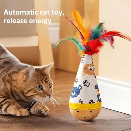 Interactive Wobble Cat Toy with Feathers and Wooden Base – Durable, Self-Righting Design for Endless Play, Exercise, and Entertainment for All Cat Breeds and Sizes (Feather, Red)