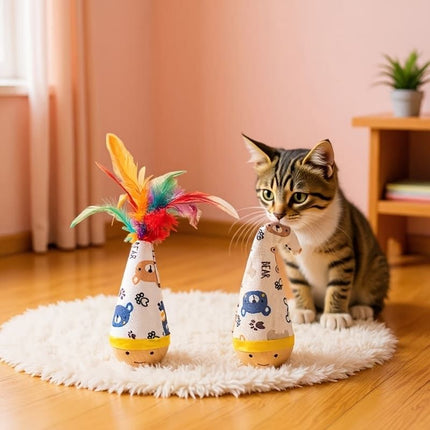 Interactive Wobble Cat Toy with Feathers and Wooden Base – Durable, Self-Righting Design for Endless Play, Exercise, and Entertainment for All Cat Breeds and Sizes (NoFeather, Purple)