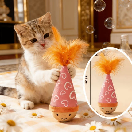 Interactive Wobble Cat Toy with Feathers and Wooden Base – Durable, Self-Righting Design for Endless Play, Exercise, and Entertainment for All Cat Breeds and Sizes (NoFeather, White)