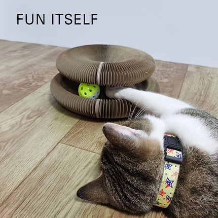 Transformable Magic Accordion Cat Scratcher Toy, Foldable Tunnel for Play and Rest, Interactive with Built-in Track Ball, for Indoor Cats (Brown)
