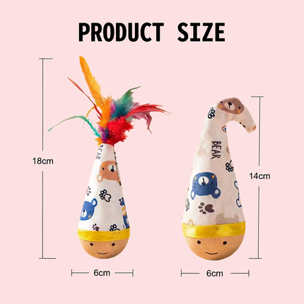Self-Righting Pet Toy with Natural Wood Base and Durable Fabric Top, Featuring Feather Options and Playful Smile Design, Perfect for Indoor Cats and Small Dogs to Chase, Bat, and Enjoy Endless Fun. (Combo1)