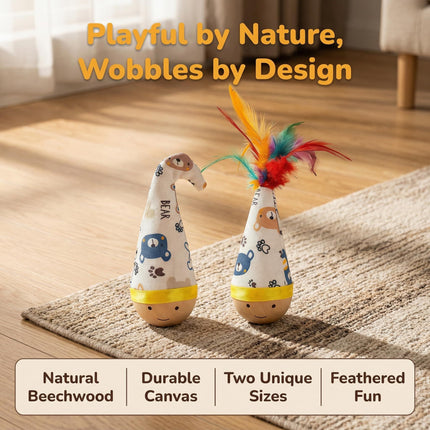 Self-Righting Pet Toy with Natural Wood Base and Durable Fabric Top, Featuring Feather Options and Playful Smile Design, Perfect for Indoor Cats and Small Dogs to Chase, Bat, and Enjoy Endless Fun. (Combo2)