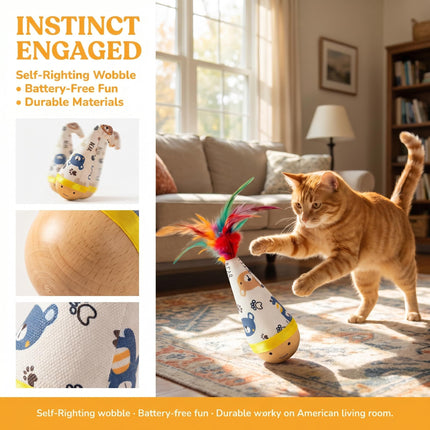 Self-Righting Pet Toy with Natural Wood Base and Durable Fabric Top, Featuring Feather Options and Playful Smile Design, Perfect for Indoor Cats and Small Dogs to Chase, Bat, and Enjoy Endless Fun. (Combo2)