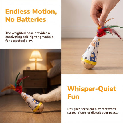 Self-Righting Pet Toy with Natural Wood Base and Durable Fabric Top, Featuring Feather Options and Playful Smile Design, Perfect for Indoor Cats and Small Dogs to Chase, Bat, and Enjoy Endless Fun. (Combo2)