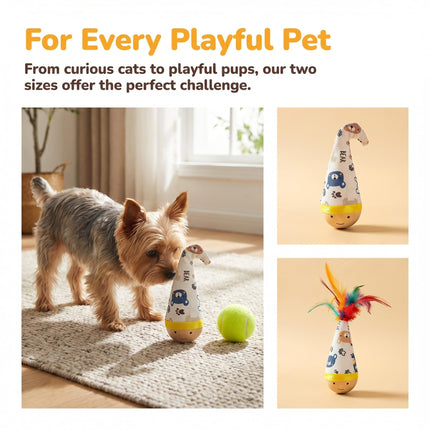 Self-Righting Pet Toy with Natural Wood Base and Durable Fabric Top, Featuring Feather Options and Playful Smile Design, Perfect for Indoor Cats and Small Dogs to Chase, Bat, and Enjoy Endless Fun. (Combo2)