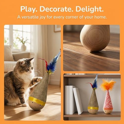 Self-Righting Pet Toy with Natural Wood Base and Durable Fabric Top, Featuring Feather Options and Playful Smile Design, Perfect for Indoor Cats and Small Dogs to Chase, Bat, and Enjoy Endless Fun. (Combo2)