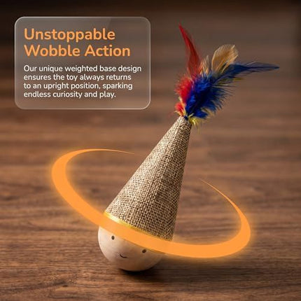 Self-Righting Pet Toy with Natural Wood Base and Durable Fabric Top, Featuring Feather Options and Playful Smile Design, Perfect for Indoor Cats and Small Dogs to Chase, Bat, and Enjoy Endless Fun. (Combo2)