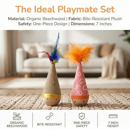 Self-Righting Pet Toy with Natural Wood Base and Durable Fabric Top, Featuring Feather Options and Playful Smile Design, Perfect for Indoor Cats and Small Dogs to Chase, Bat, and Enjoy Endless Fun. (Combo3)