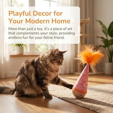 Self-Righting Pet Toy with Natural Wood Base and Durable Fabric Top, Featuring Feather Options and Playful Smile Design, Perfect for Indoor Cats and Small Dogs to Chase, Bat, and Enjoy Endless Fun. (Combo4(6in1))