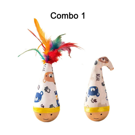 Self-Righting Pet Toy with Natural Wood Base and Durable Fabric Top, Featuring Feather Options and Playful Smile Design, Perfect for Indoor Cats and Small Dogs to Chase, Bat, and Enjoy Endless Fun. (Combo4(6in1))