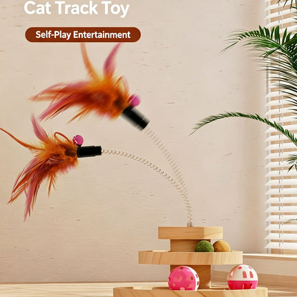 2-Layer Wooden Cat Toy Tumbling Feather Wand