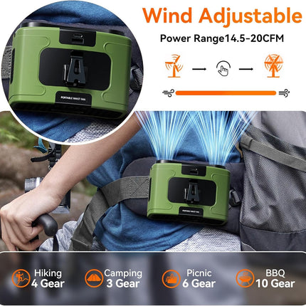 20000mAh Outdoor Portable Waist Fan Hanging Neck Fan Strong Wind with Power Bank LED Lighting for Sports Courier Outdoor Working (Green)