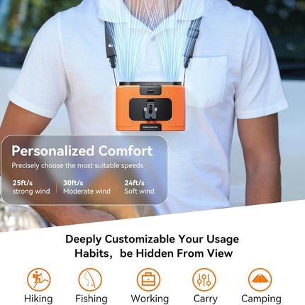 20000mAh Outdoor Portable Waist Fan Hanging Neck Fan Strong Wind with Power Bank LED Lighting for Sports Courier Outdoor Working (Orange)