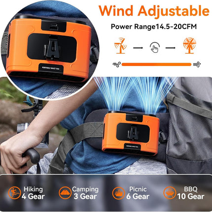 20000mAh Outdoor Portable Waist Fan Hanging Neck Fan Strong Wind with Power Bank LED Lighting for Sports Courier Outdoor Working (Orange)