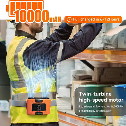 20000mAh Outdoor Portable Waist Fan Hanging Neck Fan Strong Wind with Power Bank LED Lighting for Sports Courier Outdoor Working (Orange)