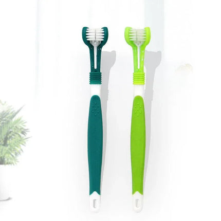 Three Sided Dog Toothbrush Pet Cat Teeth Cleaning Tool Oral Mouth Care Soft Bristle - Dark Green
