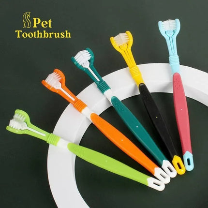 Three Sided Dog Toothbrush Pet Cat Teeth Cleaning Tool Oral Mouth Care Soft Bristle - Dark Green