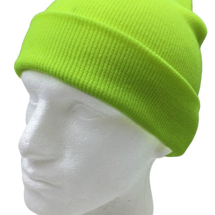 Unisex Fluro Beanie Hi Vis Knit Winter Hat Ski Cap One Size - Fluro Yellow