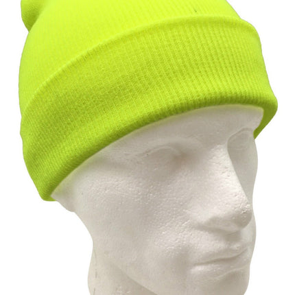 Unisex Fluro Beanie Hi Vis Knit Winter Hat Ski Cap One Size - Fluro Yellow