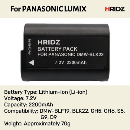 Hridz BLK22 Battery and Dual charger pack for Panasonic DMW-BLK22 LUMIX DSLR - combo-pack