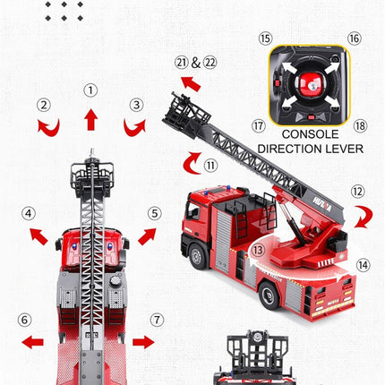 Huina 1:14 RC Fire Truck Extensible Ladder Toy Car Water Gun Construction Light Sound Gift