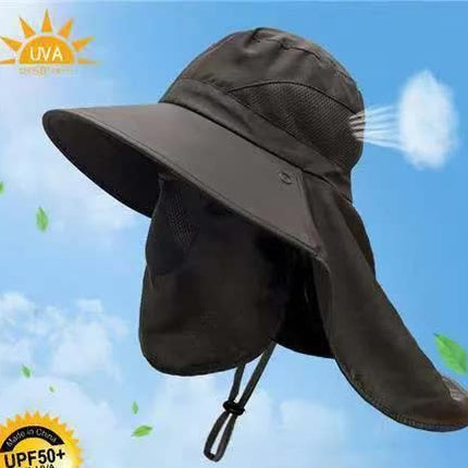 Black Outdoor UV Protection Hat for Men - Detachable Face & Neck Shield, Large Brim Sun Hat for Fishing, Hiking, and Outdoor Activities