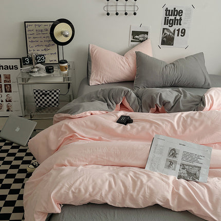 Pink-grey 1.5m Bed Fitted Sheet Set with 200x230cm Duvet Cover - 4-Piece Bedding Set