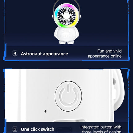 White Astronaut Portable Fan - USB Rechargeable Desk Fan with RGB Night Light