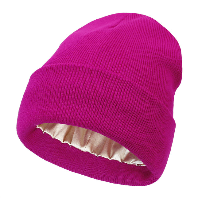 Premium Warm Beanie with Silk Satin Lining(Rose red)