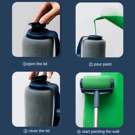 Dark Blue and Grey Pro Refillable Paint Roller Set with Extension Pole - No-Drip Easy Fill Wall Painting Tool Kit