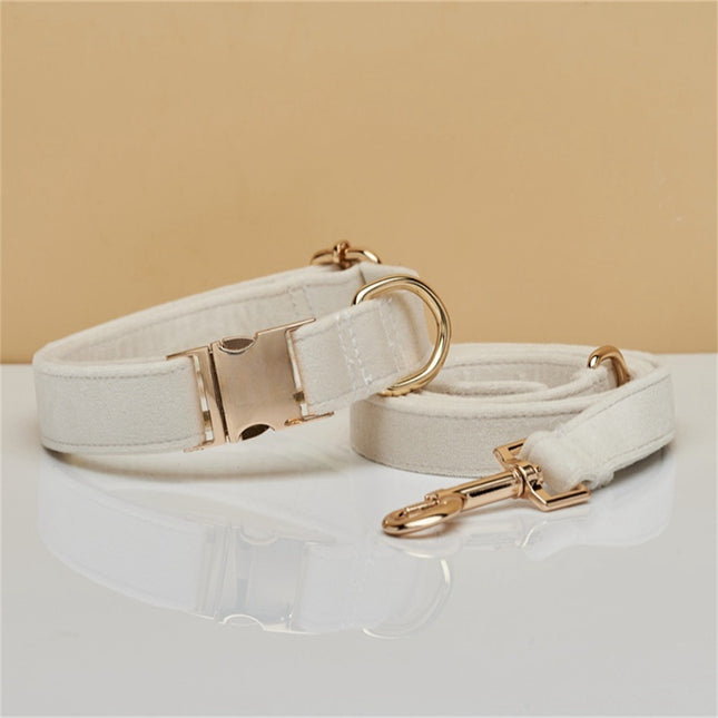 L Beige Luxury Velvet Pet Collar & Leash Set - Engravable Dog Collar with Gold Hardware