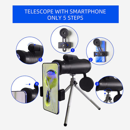 10-30X50 High Power Zoom Monocular Telescope Set with Smartphone Holder and Tripod Waterproof HD Spotting Scope for Bird Watching Camping and Concerts