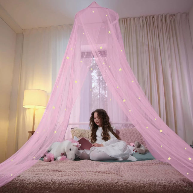Pink Glow-in-the-Dark Stars Princess Bed Canopy Mosquito Net for King Queen Beds 250cm Height Extra Large 12m Circumference Australian Decor