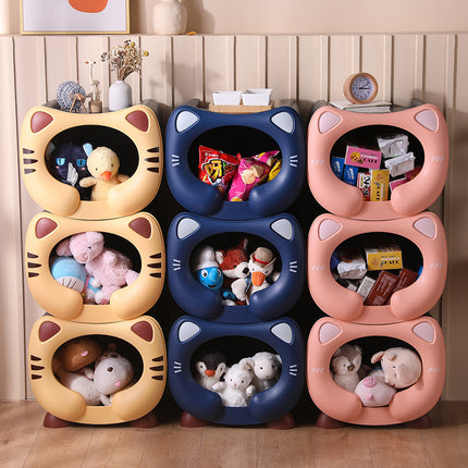 Yellow Cute Cat-Themed Stackable Storage Bin - Multi-purpose Pet Bed & Toy Organizer
