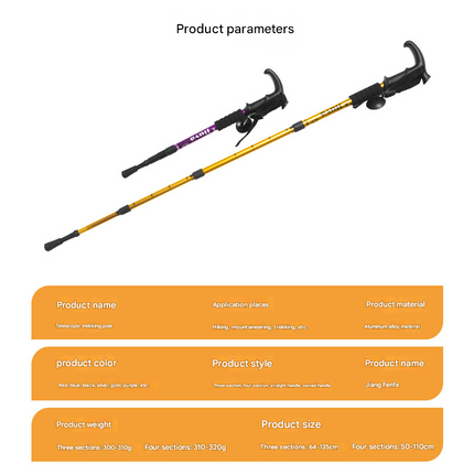 Black Professional Outdoor Trekking Pole – Lightweight Aluminum Alloy Adjustable Walking Stick with Shock Absorption System for Hiking, Climbing, and Kids | 4-Section Collapsible Design with Ergonomic Curved Handle