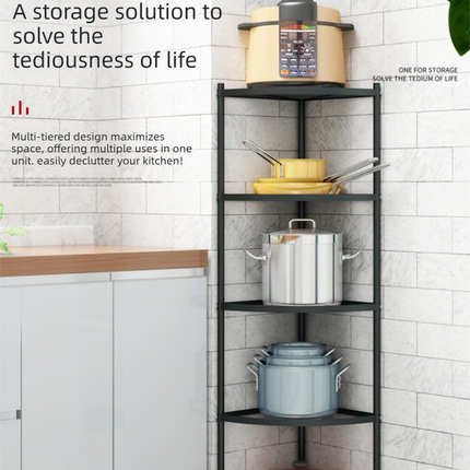5-Tier Kitchen Corner Shelf Stand - Heavy Duty Carbon Steel Pot & Pan Organiser - Rust Resistant Freestanding Storage Rack for Small Spaces