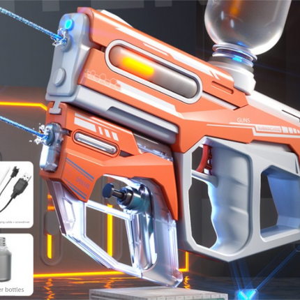 2-in-1 Electric Water Gun Automatic Squirt Blaster Set Detachable Mini Pistol High Capacity Summer Pool Toy Orange White