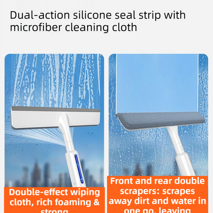 3-in-1 Spray Window Squeegee with 30cm Clean-Panel & 115cm Extension Pole - Multi-functional Spray, Scrub & Squeegee Tool with 3 Microfiber Cloths