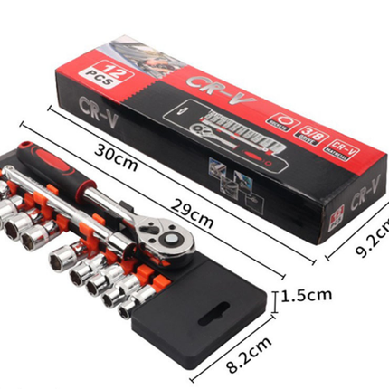 12 Piece 3/8 Inch Drive Ratchet and Metric Socket Wrench Set Professional Mechanics Tool Kit for Automotive Repair and DIY Workshop