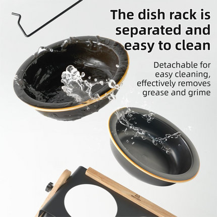 Black Elevated Adjustable (9-14CM) Double Ceramic Bowls Pet Diner - Ergonomic 270° Tilt Controlled Tip-Proof Stable Iron Base