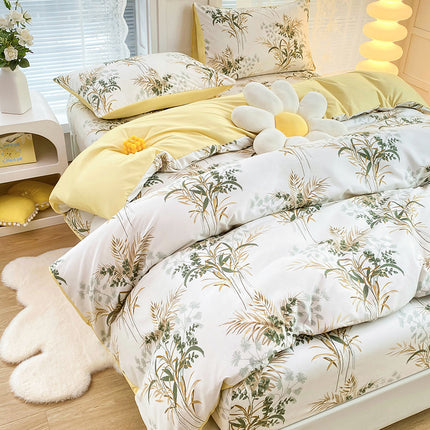 4-Piece Elegant Yellow Bouquet Printed Soft-Touch Brushed Bedding Set for 1.5M Bed: 175 x 220 CM Duvet Cover, 150 x 200 (+25) CM Deep Pocket Fitted Sheet & 2PC 50 x 75 CM Pillowcases