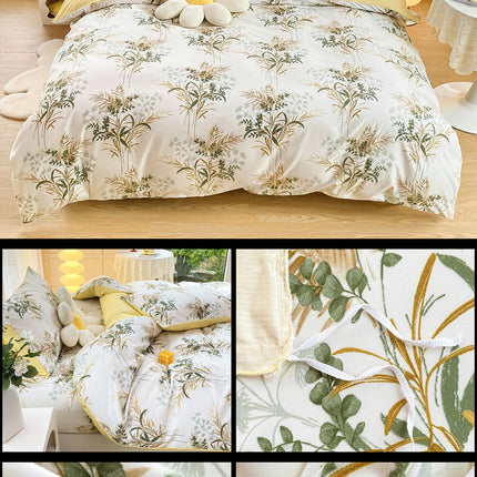 4-Piece Elegant Yellow Bouquet Printed Soft-Touch Brushed Bedding Set for 1.8M Bed: 200 x 230 CM Duvet Cover, 180 x 200 (+25) CM Deep Pocket Fitted Sheet & 2PC 50 x 75 CM Pillowcases