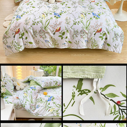 4-Piece Elegant Green Bouquet Printed Soft-Touch Brushed Bedding Set for 1.5M Bed: 175 x 220 CM Duvet Cover, 150 x 200 (+25) CM Deep Pocket Fitted Sheet & 2PC 50 x 75 CM Pillowcases