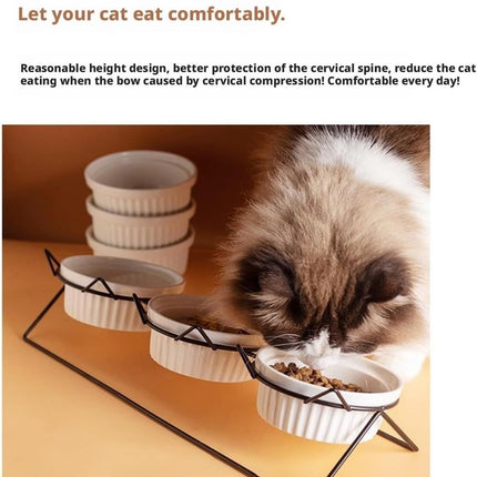Triple Slanted Ceramic Pet Bowl Set with Elevated Iron Stand and Non Slip Base - 3 x 300ML Versatile Pink Cat Paw Print Pattern Dishes for Water & Food