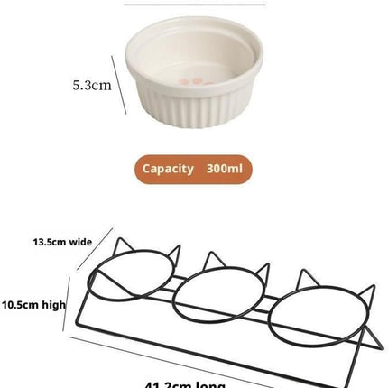 Triple Slanted Ceramic Pet Bowl Set with Elevated Iron Stand and Non Slip Base - 3 x 300ML Versatile Pink Cat Paw Print Pattern Dishes for Water & Food