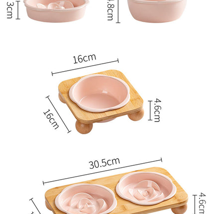 Pink Ceramic Floral Cat Slow Feeder(190ML) & Water Bowl(320ML) Set - Dishwasher Safe Pet Dual Dining Kit with Neck-Friendly Elevated Stand