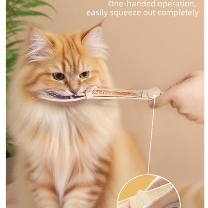 Beige Cat Treat Spoon for Wet Food & Paste - Extra-Long PP Handle, Food-Grade Squeeze Feeder with Anti-Spill Bowl, Easy One-Handed Operation for Cats