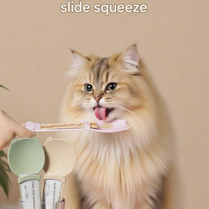 4-piece Beige and Pink and Green and Purple- Cat Treat Spoon for Wet Food & Paste - Extra-Long PP Handle, Food-Grade Squeeze Feeder with Anti-Spill Bowl, Easy One-Handed Operation for Cats