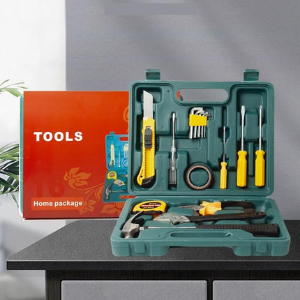 Green 9 Piece Set -Multi-Purpose Home & Car Tool Kit -  Durable Blow-Molded Case, Utility Knife, Tape Measure, Pliers, Hammer, Screwdrivers, Allen Keys - Compact Emergency Repair Set for DIY and Auto Maintenance