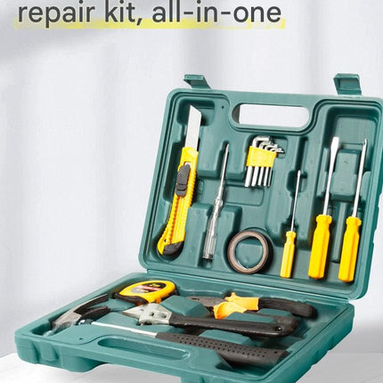Green 8 Piece Set -Multi-Purpose Home & Car Tool Kit -  Durable Blow-Molded Case, Utility Knife, Tape Measure, Pliers, Hammer, Screwdrivers, Allen Keys - Compact Emergency Repair Set for DIY and Auto Maintenance